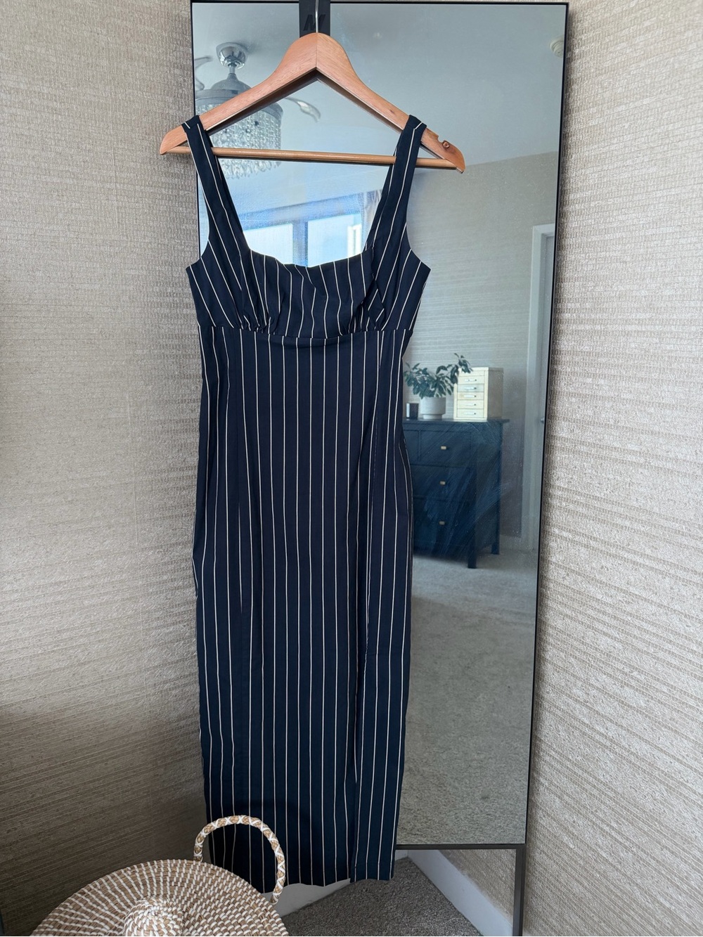 Anthropologie Navy Pinstripe Square Neckline Midi Dress with Side Slit. NWT. XS. - Picture 4 of 10